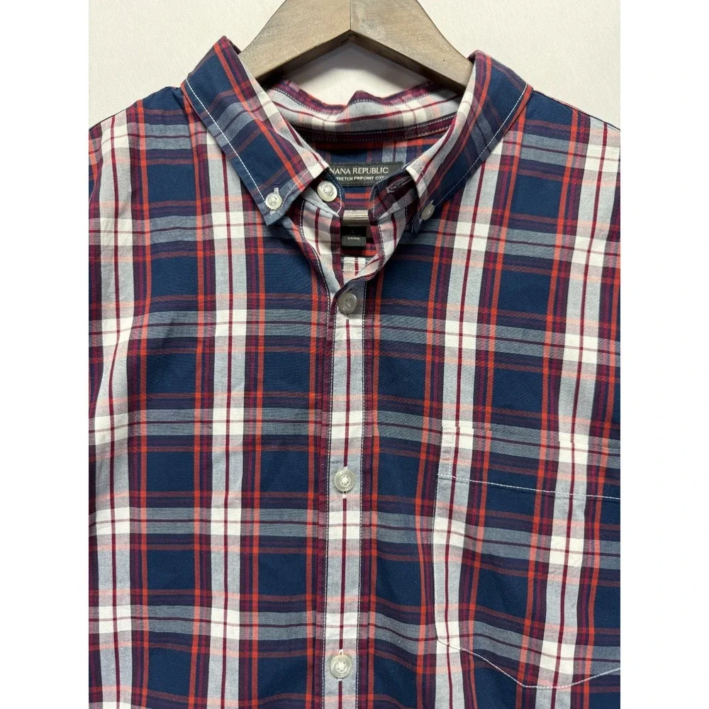 Banana Republic Cotton Stretch Pinpoint Oxford Shirt Men L Multi Plaid Grant Fit